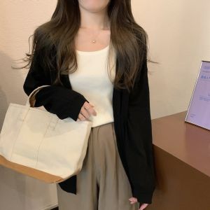 เสื้อคาร์ดิแกนถักแบบลำลองสไตล์เรียบง่ายสำหรับผู้หญิงในฤดูใบไม้ร่วงปี 2025 เสื้อคลุมกันหนาวทรงหลวมๆ แขนยาว ปกเปิด คอวี สีพื้น