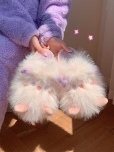 Womens Winter Indoor Slip-resistant Warm Comfortable Soft-soled Cotton Slippers Furry Elf Moon Shoe Korean Style Home Shoes