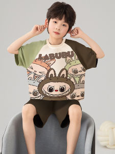 Summer Thin Pure Cotton Boys Sleepwear Short Sleeve Cartoon Pajamas Set Childrens Home Clothes Short Pants Comfortable Breathable