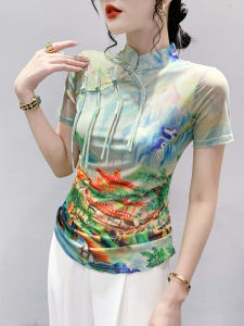 New Chinese Style T-Shirt Women Short Sleeve Summer Fashion Printed Mesh Top Button up Lace Trim Slim Fit Geometric Pattern