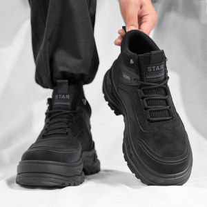 Mens Outdoor Sports Climbing Shoes High Top Waterproof Non-Slip Martin Boots Thick Bottom Heightening Black Work Boots