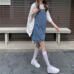 plus Size Womens Denim Overalls Dress Loose Slimming High Waist Short Skirt Korean Style Commute Pure Color A-Line Dress