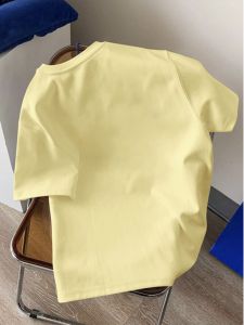Yellow Solid Color Short Sleeve Cotton T-Shirt Womens Summer Loose Fit round Neck Basic Style Shoulder Level Top