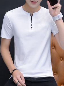 ROMON | Lomond Mens Pure Cotton Short Sleeve T-Shirt Summer Thin V-neck Ice Silk Round Neck Antimicrobial Fashion Urban Style Top