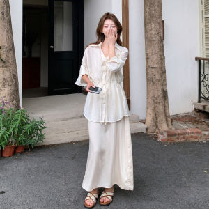 YINLUOYA | 2025 New Long Skirt Set French High-End Korean Style Off-White Shirt Strap Dress Two-Piece Womens Clothing Polo Collar Button