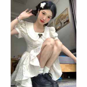 French Style Princess Doll Collar Puff Sleeves White Dress Womens Summer Waist-Tight Slim Looking Princess Puff Short Skirt