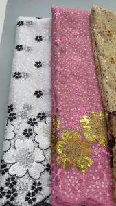Navy Blue African Organza Sequins Lace Fabric Embroidery Gold Floral Tulle Lace Nigerian High Grade Mesh Fabric For Evening Dre