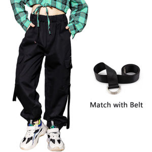 Rolanko Jogger Cargo Pants for Kids Girls Casual Trousers Children Loose Street Hip Hop Dance Bottoms Costume Black 4-14 Years