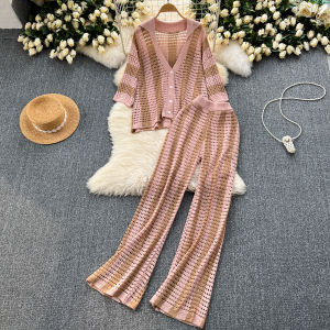 Plus Size Womens Clothing Cold Style Fancy Suit Retro Mixed Color Stripe Knitting Cardigan Loose Figure Flattering Wide Leg Pants
