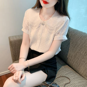 AMMIN เสื้อเบลาส์ผ้าตาข่ายคู่ปักหมุดเสื้อชีฟองแขนสั้นผ้าแจ็คการ์ดแขนแร็กแลนสำหรับผู้หญิงเสื้อเบลาส์หรูหราสำหรับใส่ไปทำงานสไตล์ฉบับภาษาเกาหลีฤดูร้อน