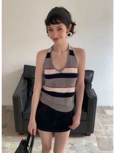 YUEZHONGWEI | เสื้อกั๊กถักคอวีแขนกุดสั้นผู้หญิงฤดูร้อน ทรงเข้ารูป ทรงเข้ารูป เสื้อผ้าทำงาน ทรงเข้ารูป แขนกุด คอวี ลายทาง เสื้อผ้าทำงาน