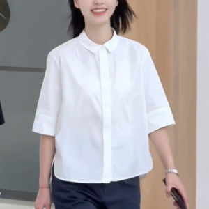 UYFY | White Casual Loose Short Sleeve Shirt Womens Summer New Style Simple Fashion Japanese Artistic Top High Waist Polyester Fiber