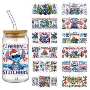 สติกเกอร์ 3 มิติ ลายสติทช์น่ารักสไตล์เรโทรใหม่ ปี 20 ฉลองคริสต์มาส ขนาด 16 ออนซ์ แบบ UV DTF สำหรับตกแต่งแก้ว กระป๋อง ของขวัญงานฝีมือ DIY สไตล์ดิสนีย์