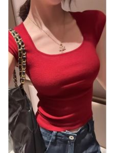 HUOLISI | Square Collar Front Shoulders Ice Silk T-shirt