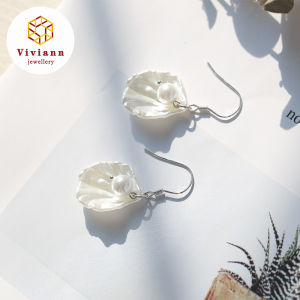 Viviann Original Design Temperament Shell Earrings Korean Pearl Earrings Simple Retro Petals Earrings Pearl Studs Hoop Earrings for Women Gold Color Eardrop Hoops Wedding Fashion Jewelry
