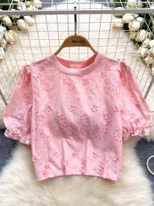 Elegant Embroidered Flower Womens Shirt Summer New Style Versatile Bubble Sleeve Short Top Korean Loose Fit Commute Fashion