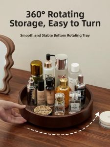 ZHIYUNJU | Rotatable Solid Wood Desktop Storage Box Cosmetic Makeup Desk Skincare Organizer Round Shape Home Use Wooden Material