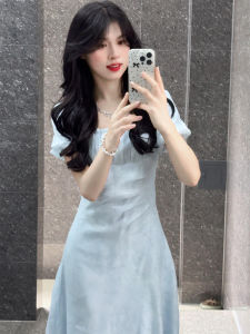 Blue Short Sleeve Square Collar Dress Womens Fashion Summer New Style Slimming Long Dress High Waist A-Line Skirt Sweet Style