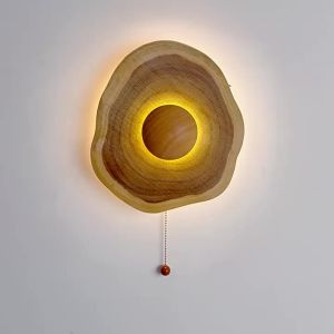 OUCHAO | Japanese Wabi-sabi Wooden Wall Light with Pull Switch for Bedside Decoration