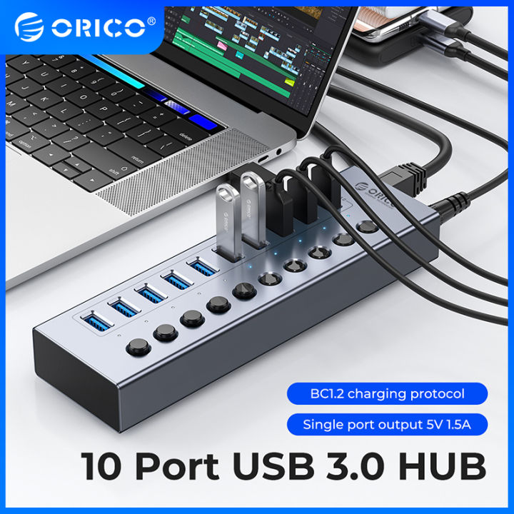 ORICO Transparent Aluminum Powered USB 3.0 HUB 7/10/13/16 Ports USB Extension with On/Off Switches 12V Power Adapter Support BC1.2 Charging Splitter