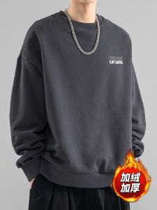 Thickened Pure Cotton Hoodie Mens Autumn Winter Heavyweight round Neck Fleece Lined Base Layer Shirt Casual Printed Streetwear