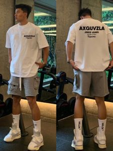 Vintage High Street Simple Letter Pure Cotton Short Sleeve T-Shirt Mens Summer American Heavyweight Half Sleeve Top