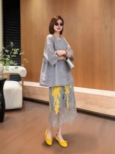 XUECAIQI | Summer Outfit Lace Insert Loose Round Neck T-Shirt Skirt Set Women