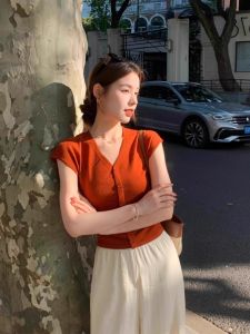PEIXI | Red Icy Thin V-Neck Short Sleeve Knitted Blouse Slim Short Style
