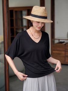 Basic House | Black Satin Ice Silk V-Neck Batwing Sleeve T-Shirt
