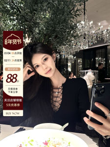 Sweet Shrimp Pie Ladies Vintage Strap V-Neck Long Sleeve Womens Base Shirt Fall Versatile Heart Mechanism Top Korean Style Commute