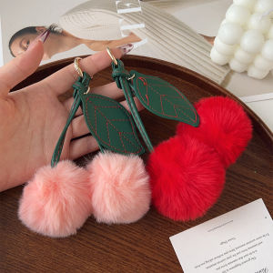 【♡Lovely girls house♡】Otter Rabbit Hair Cherry Car Keychain Pendant Cute Pompom Doll Bag Hanging Key Chains for Women