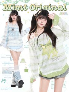 Áo Thun Tay Dài Cổ Không Đối Xứng Sọc Dễ Thương