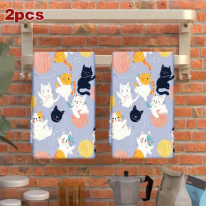 2-Piece Set of Cute Cat & Yarn Ball Themed Kitchen Towels Dish Towels Hand Towels Kitchen Decorative Towels Neighbor Gifts Sweet Housewarming Gifts for Friends Mom Gifts Friend Birthday Gifts.