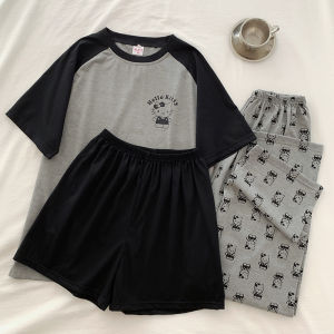 Grey KT Cat Sleepwear Short Sleeve Short Pants Three Piece Set Pure Cotton Sweet Cartoon Home Clothes Womens Summer Leisure