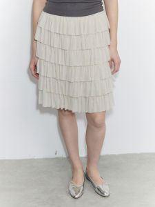 SOLWEIGE Designer Style French Holiday Lightweight Gossamer Cake Midi Skirt High Waist Thin Polyester Fabric Pure Color