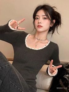 สไตล์เกาหลี เสื้อเชิ้ตแขนยาวบล็อคสี ผู้หญิง ฤดูใบไม้ร่วง ฤดูหนาว เสื้อตัวใน สลิมฟิต Short Unique เสื้อสเวตเตอร์ถัก