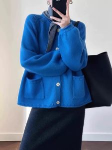 Klein Blue Knitted Open Cardigan Sweater Women Early Spring Loose Lazy Design Lantern Sleeve Top Korean Style Long Sleeve