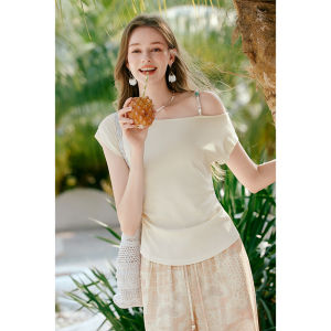 XIANGYING | Off-Shoulder One-Shoulder Short Sleeve Knitted T-Shirt