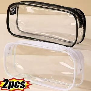 2Pcs Simple Transparent Pencil Case Cosmetic Bag PVC Waterproof Clear Makeup Storage Case Travel Make Up Organizer Pouch Bath Toiletry Wash Bag