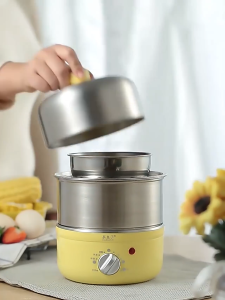 หม้อนึ่งไฟฟ้า2ชั้น / ที่นึ่งขนาดเล็กไฟฟ้า สีเหลือง / หม้อนึ่งสแตนเลส304แบบพกพา