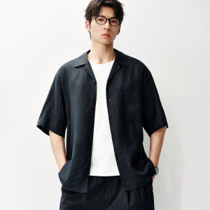 MIANXIANSHENG | 100% Linen Cuban Collar Short Sleeve Shirt Men Summer Breathe