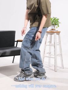 Korean Jeans Straight Leg for Men Denim Mens Cargo Pants for Baggy Stretchable Jeans 6 Pockets Loose Fit