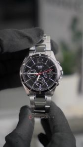 Jam Tangan Pria Casio Chronograph MTP-1374D-1A Black Dial Silver Stainless Steel Band