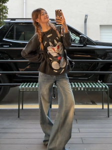 American Retro High Waist Wide Leg Denim Jeans Womens Autumn Winter New Loose Slimming Straight Long Pants Casual Style