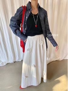 Heavyweight Design Floral Cotton A-Line Mini Skirt Womens Spring Summer Elastic Waist Slimming Loose Wide Hem Pleated Skirt