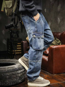 American Style Workwear Jeans Mens Loose Straight Leg Spring Autumn Large Size Trendy Vintage Long Trousers Multiple Pockets