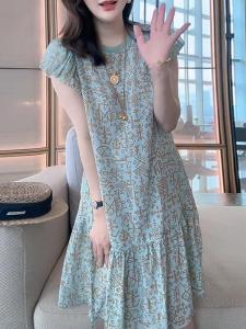 French Vintage Blue Midi Dress Summer New Style Womens Loose Floral Print Short Sleeve High Waist A-Line Dress Breathable Skin-Friendly