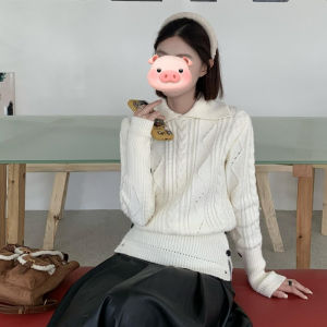 BINKAFENNY | White Knitted Sweater With Twist Design And Collar For Women Base Layer Autumn Top Korean Style Fashion Inner Wear Slim Fit