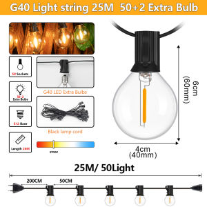 Outdoor String Lights 30M G40 LED Patio Lights EU Plug 50 Edison Bulbs 2 Spare Waterproof Hanging Light for Backyard Party Decor