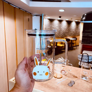 Cốc Thủy Tinh 1000ml Dung Tích Lớn Có Ống Hút Và Nắp Chịu Nhiệt Văn Phòng Trà Nữ Đặc Biệt Mùa Hè Phong Cách Hàn Quốc Hình Tròn